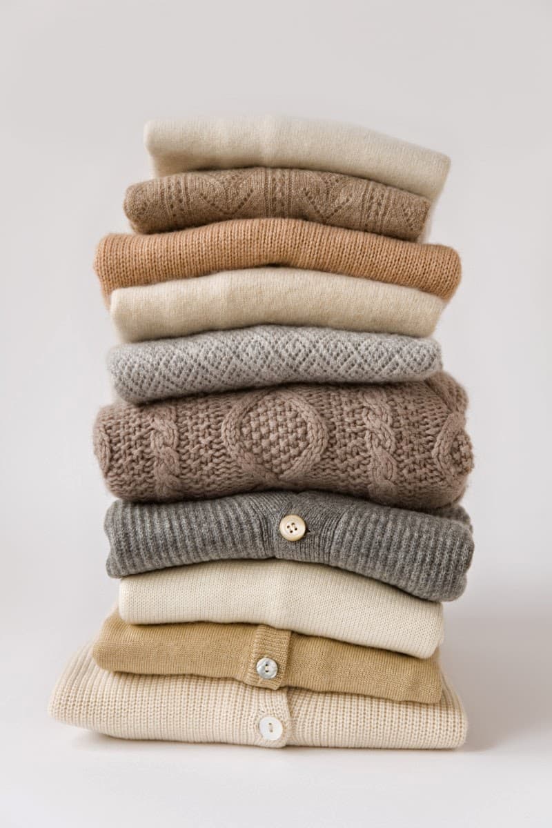 A stacked pile of folded sweaters in warm neutral tones